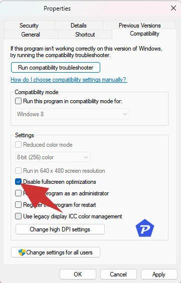 Disable Fullscreen optimization option