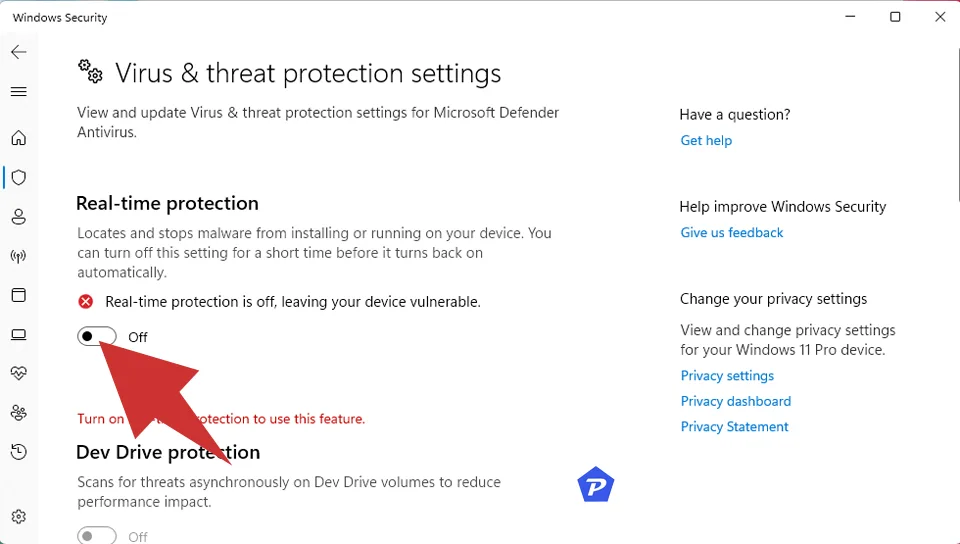 Disable Realtime virus protection settings