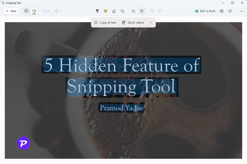 indentify and copy text in Snipping tool